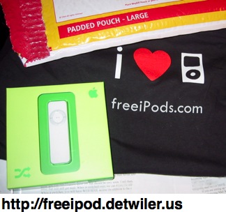 A picture of my free iPod shuffle and freeipods.com T-shirt
